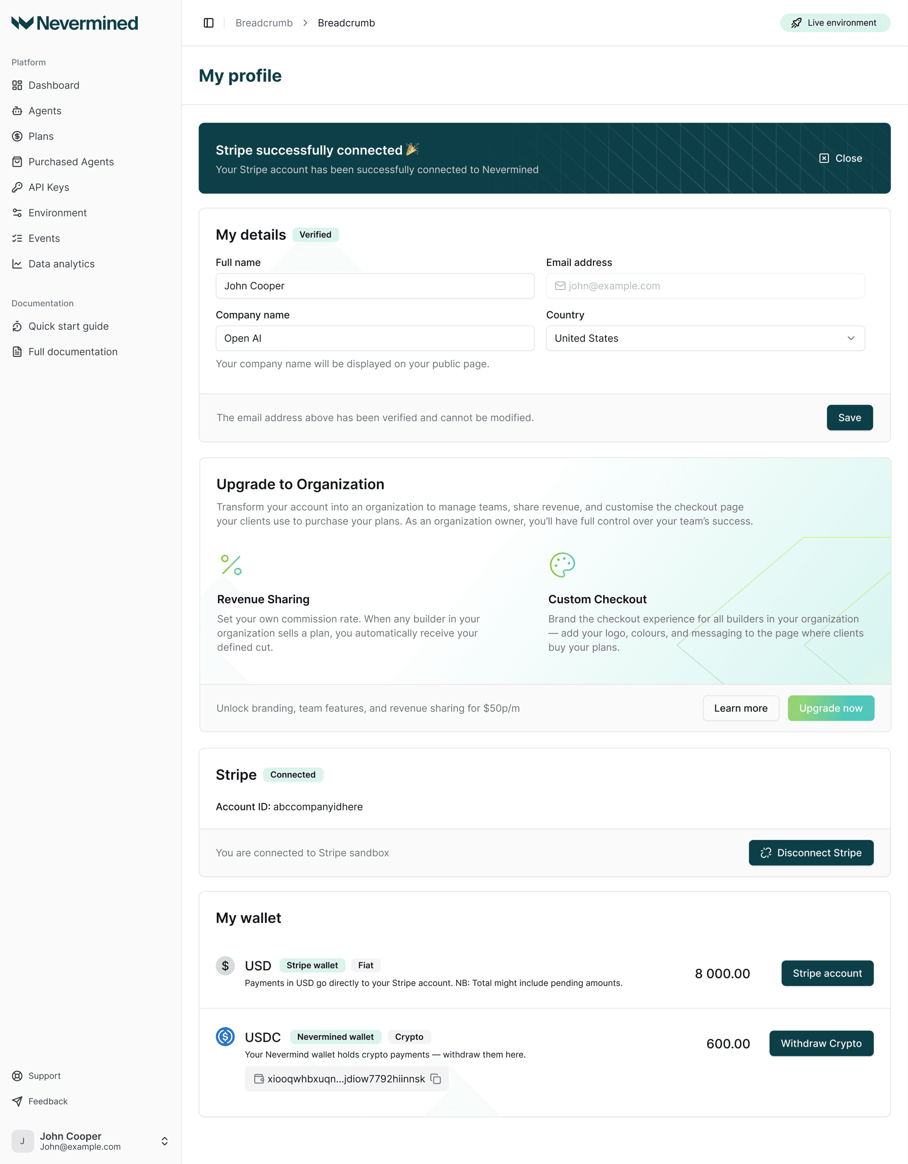 Nevermined Dashboard showing events and revenue analytics