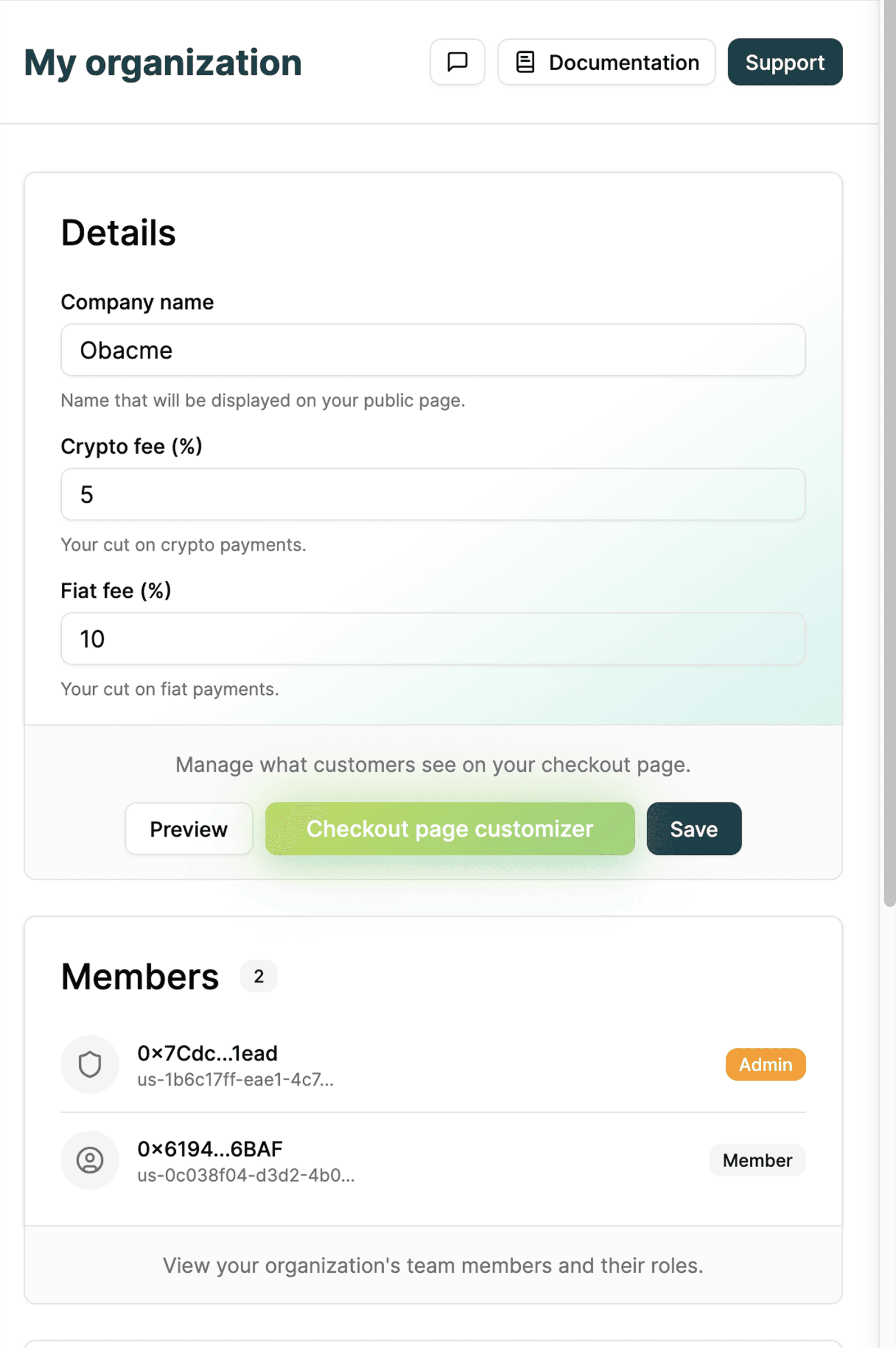 Organization fee settings configuration