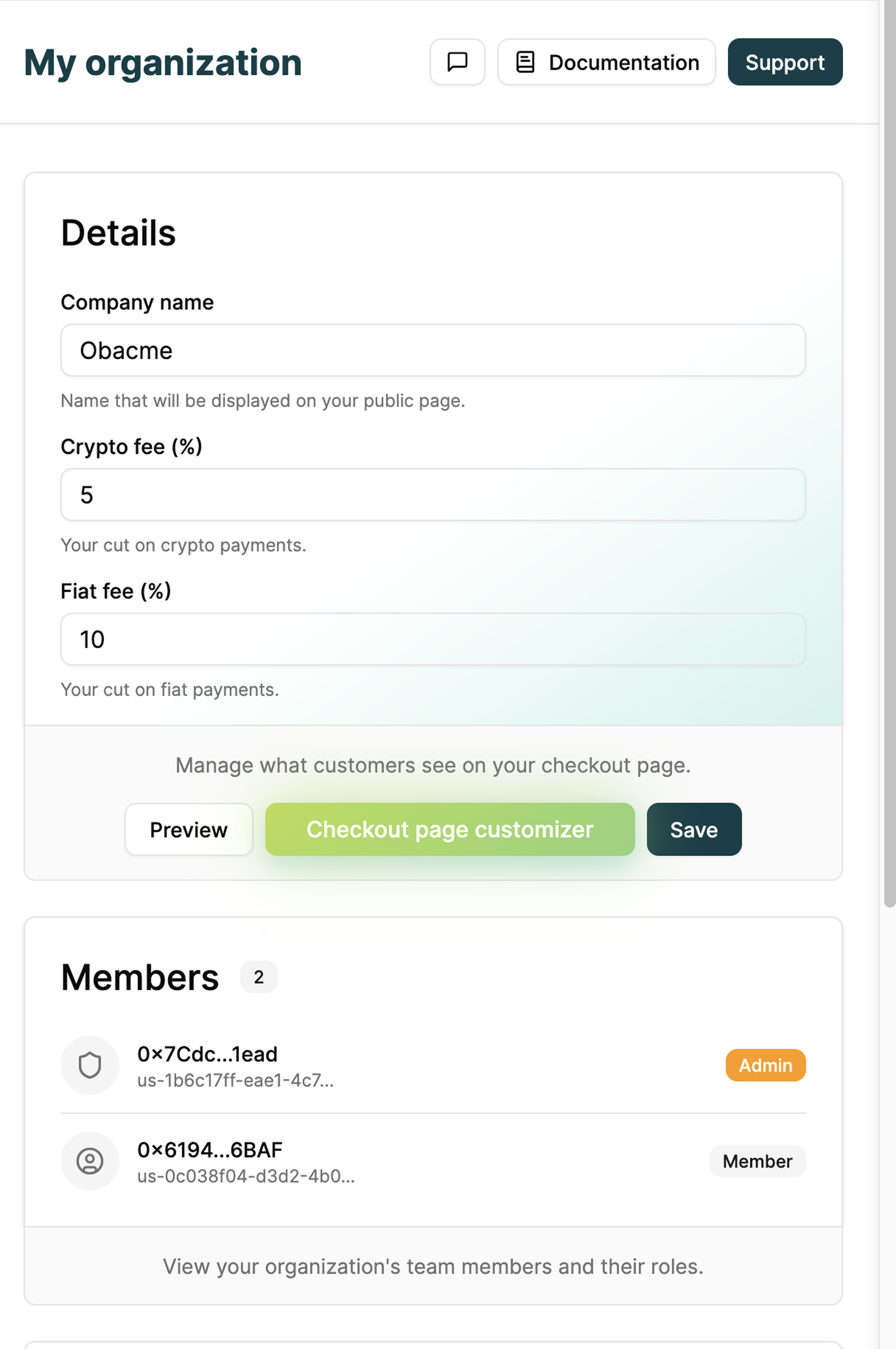 Organization fee settings configuration
